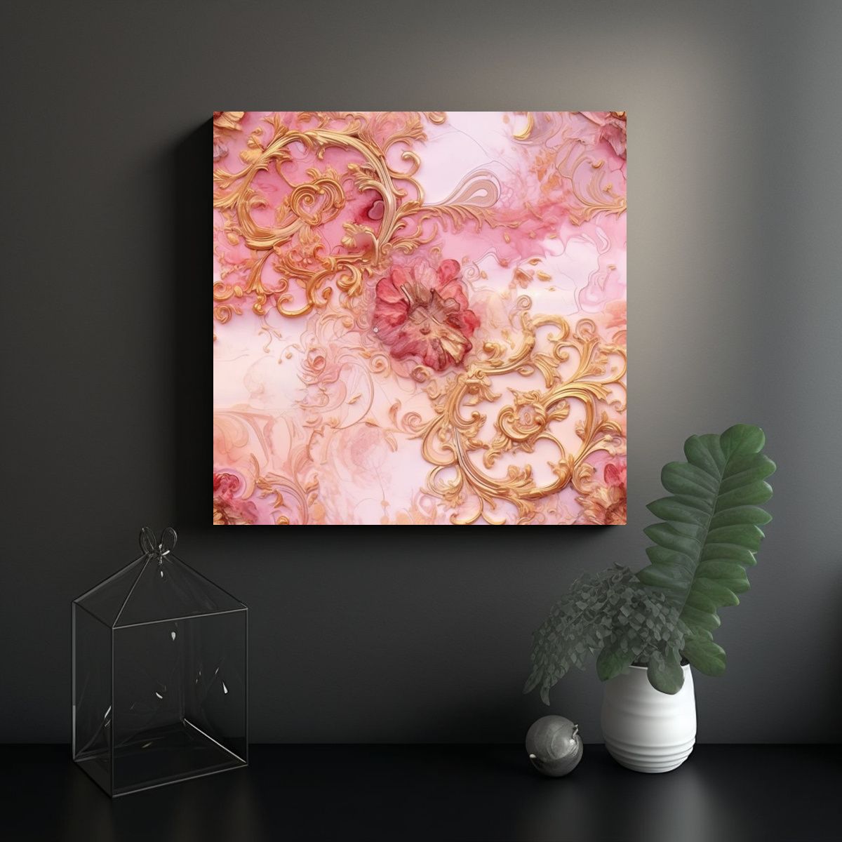 GENERICO - Cuadro Calidos Exclusivo Pintura Rosa Y Dorada 100x100 Cm