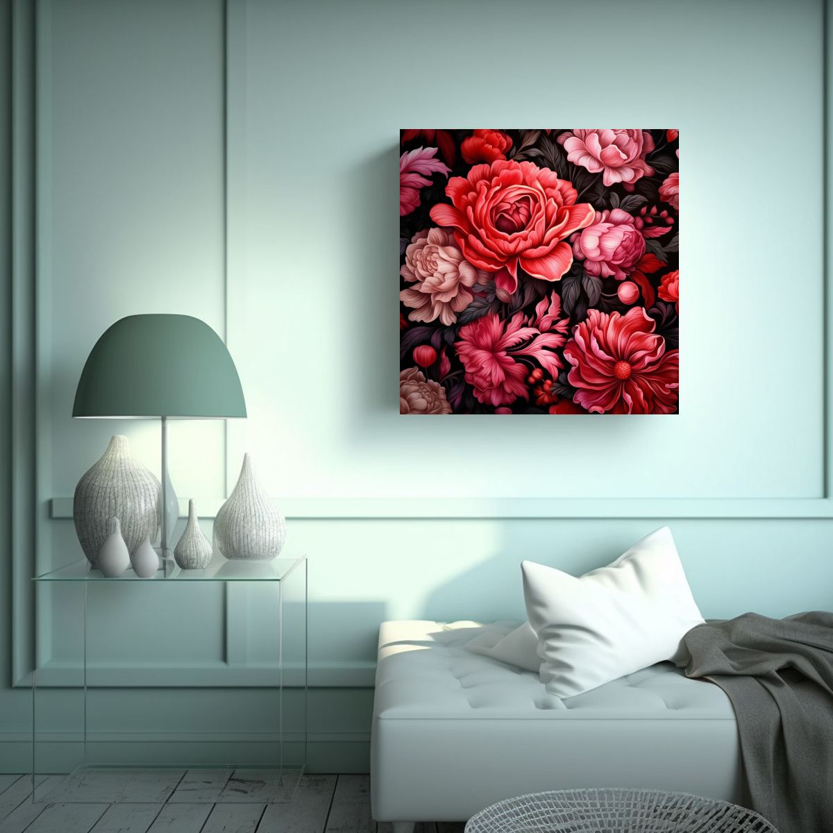 GENERICO - Cuadro Surrealista Con Flores Rojas Y Rosas En 100x100 Cm