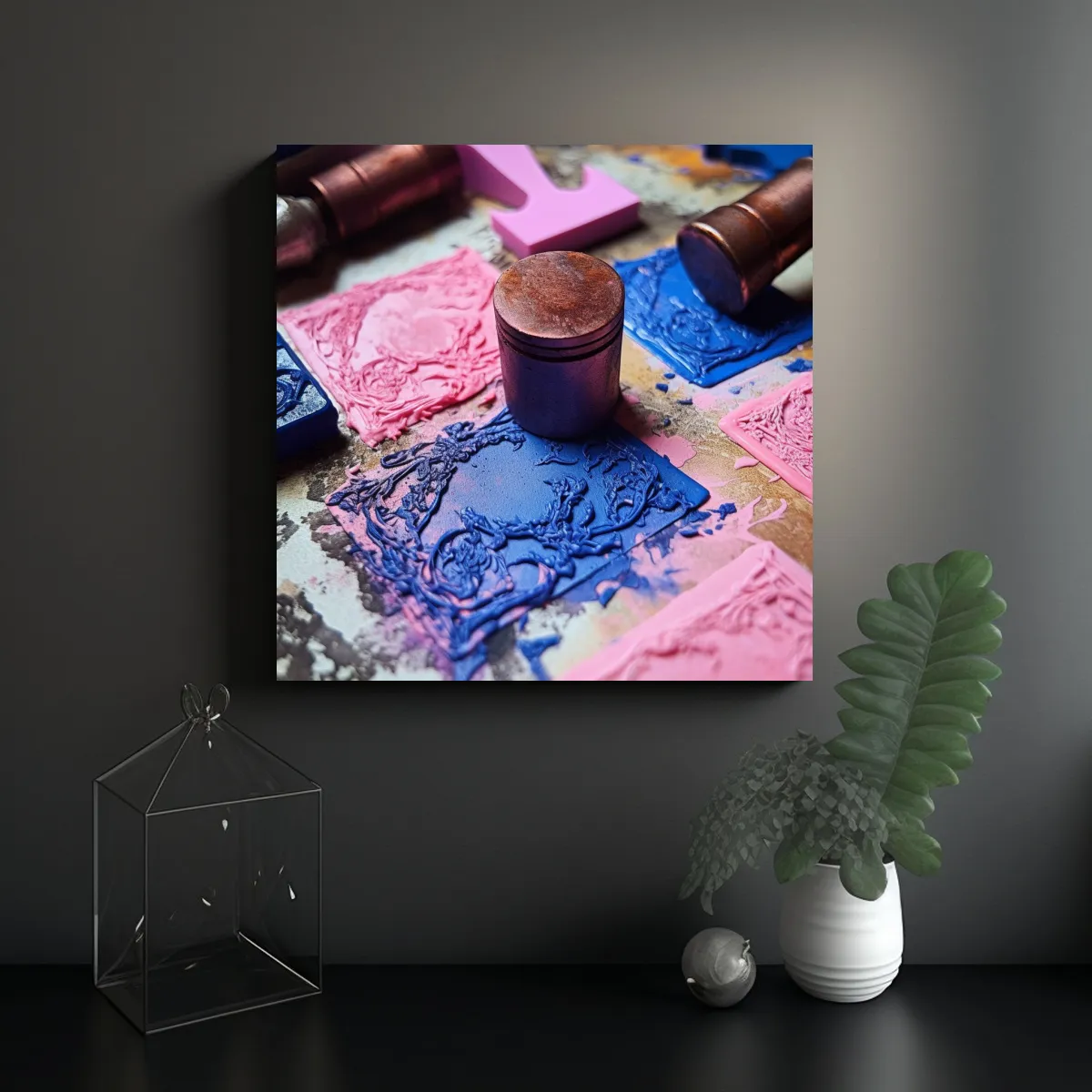 GENERICO - Pinturas Decorativas En Azul Y Rosa Con Estampado 100x100 Cm