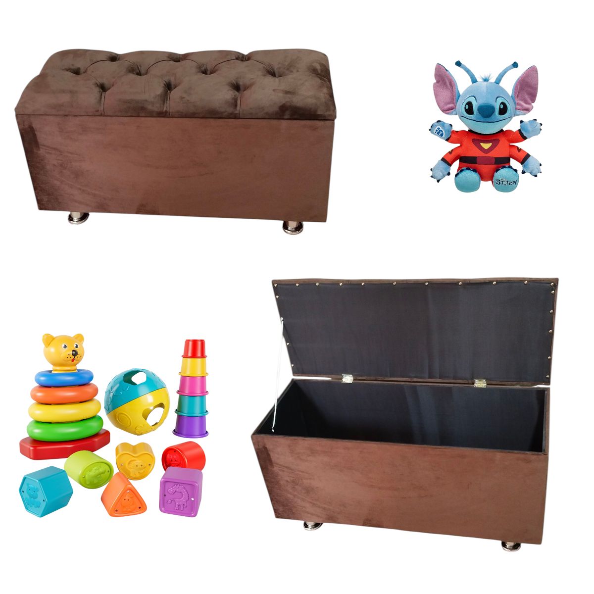 GENERICO - Banqueta baúl felpa cafe con almacenamiento patas metálicas