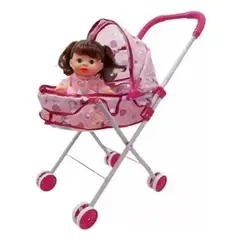 GENERICO - Coche Cuna De Juguete Con Muñeca Incluida Para Niñas Rosa