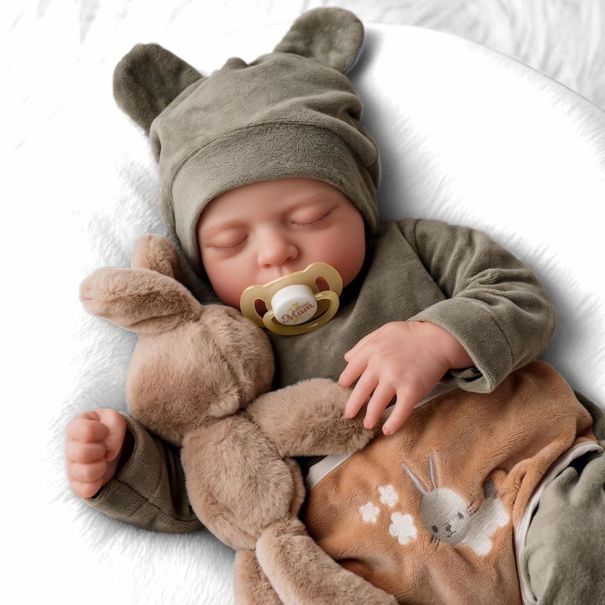 MAMITA Y BEBE - Muñeca Bebé Reborn 43cm Gorro Gris Vinilo Silicona