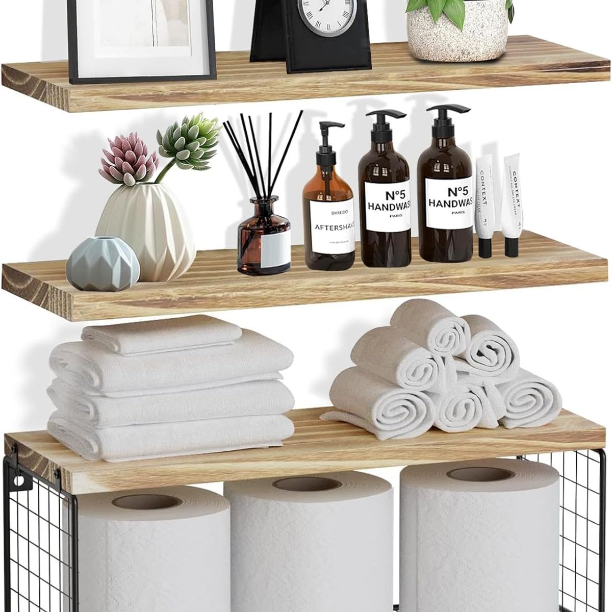 KUANGYE - Repisas Flotantes De Madera Modernas X3 Rejas 100% Pino 42cm