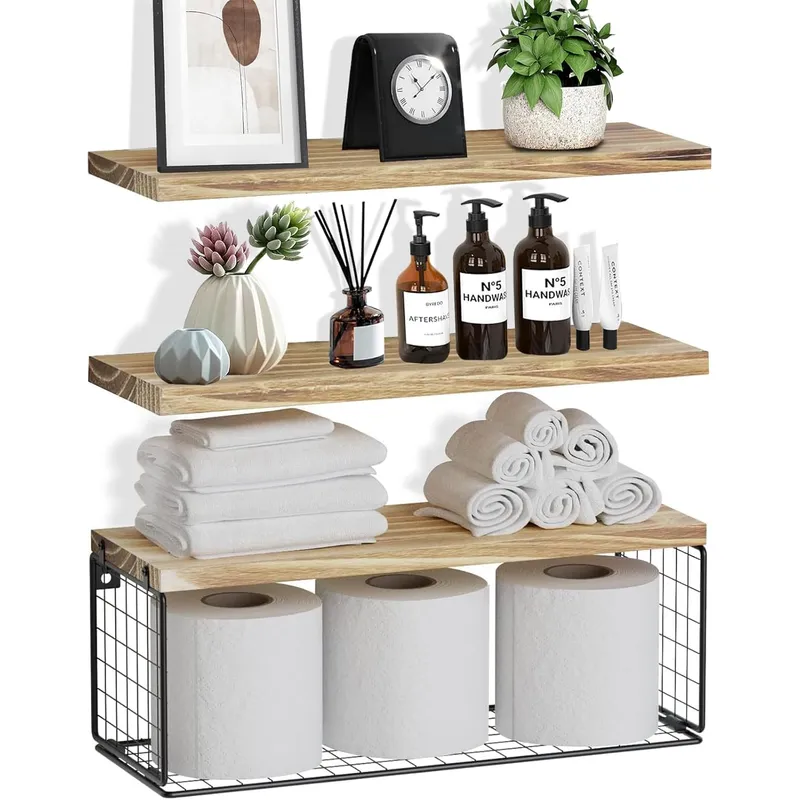 KUANGYE - Repisas Flotantes De Madera Modernas X3 Rejas 100% Pino 42cm