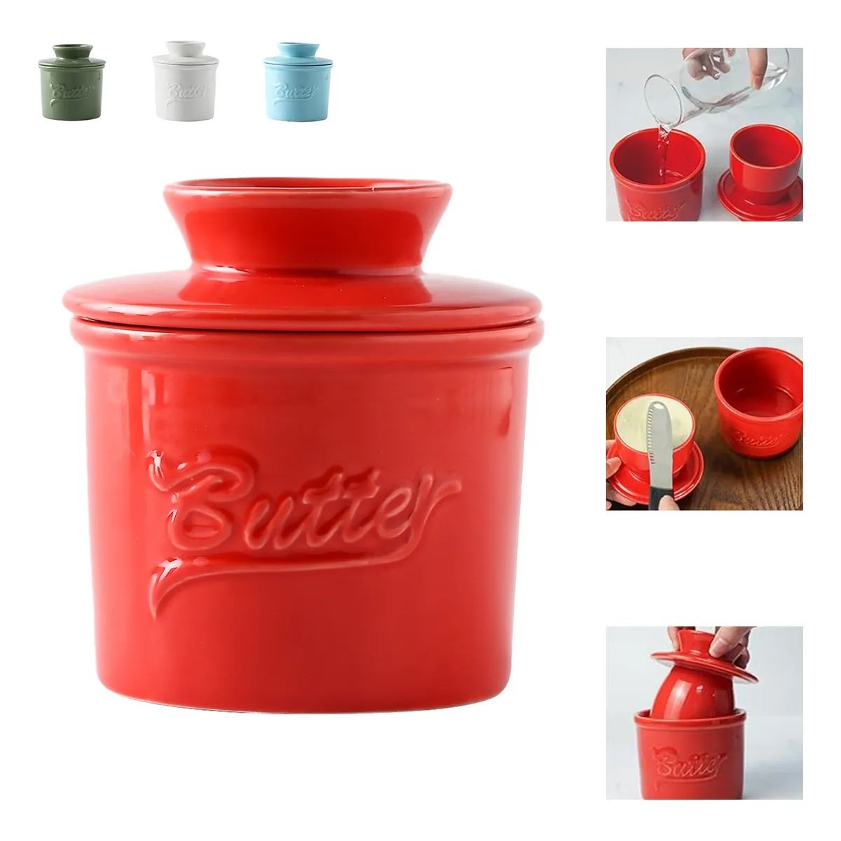 KINDA NICE - Mantequillera De Cerámica Francesa Con Agua 300 Ml Rojo