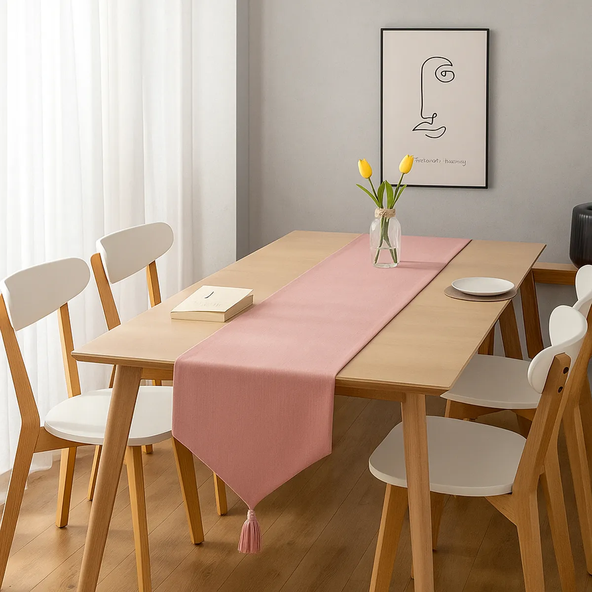 Corredor lino rosa 180x33 cm con borlas elegantes, marca ARMONIA - Foto Principal