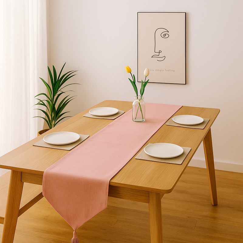 ARMONIA - Corredor de mesa rosa lino 180x33 cm con borlas
