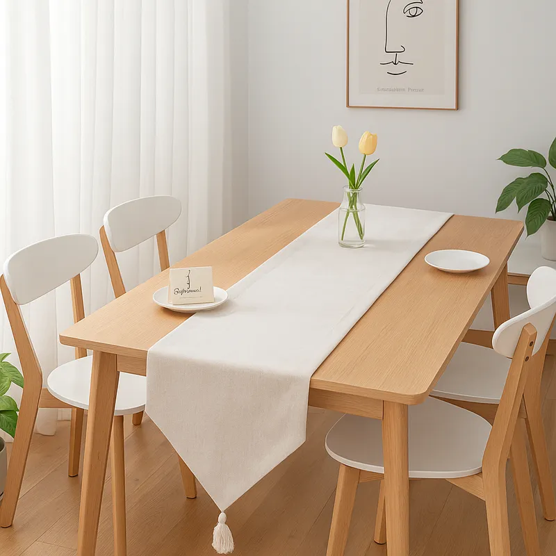 ARMONIA - Camino de mesa lino beige 180x33 cm con borlas decorativas