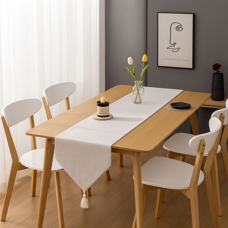 ARMONIA - Corredor lino beige 180x33 cm con detalle de borlas