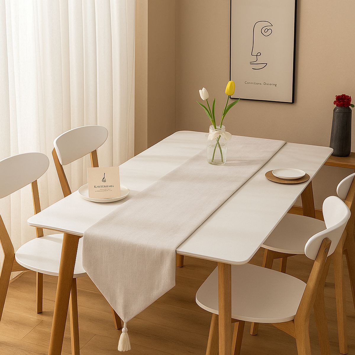 ARMONIA - Camino lino beige 180x33 cm elegante con borlas