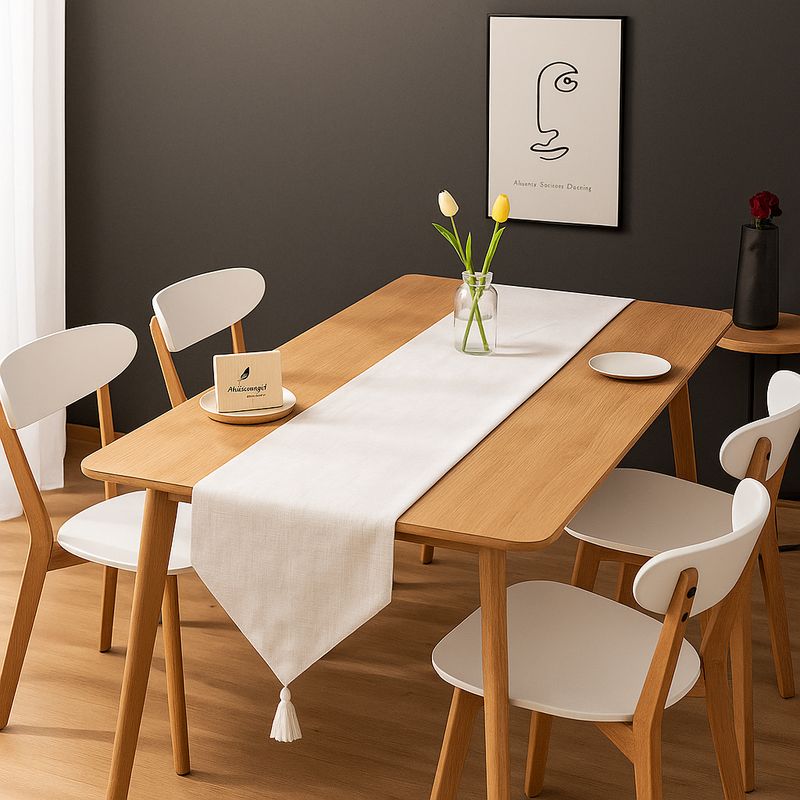 ARMONIA - Corredor de mesa beige lino 180x33 cm con borlas