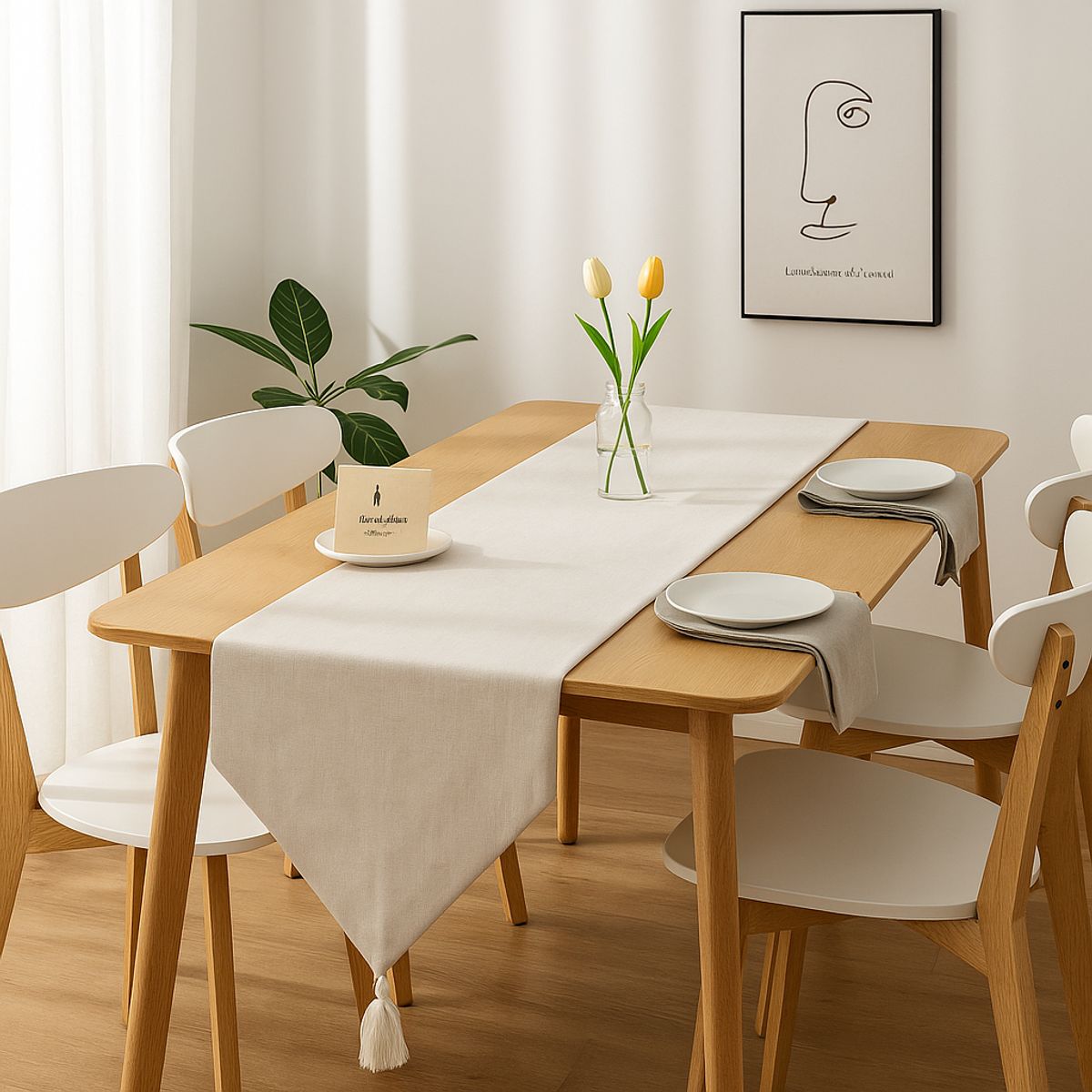 ARMONIA - Corredor de mesa beige lino 180x33 cm con borlas
