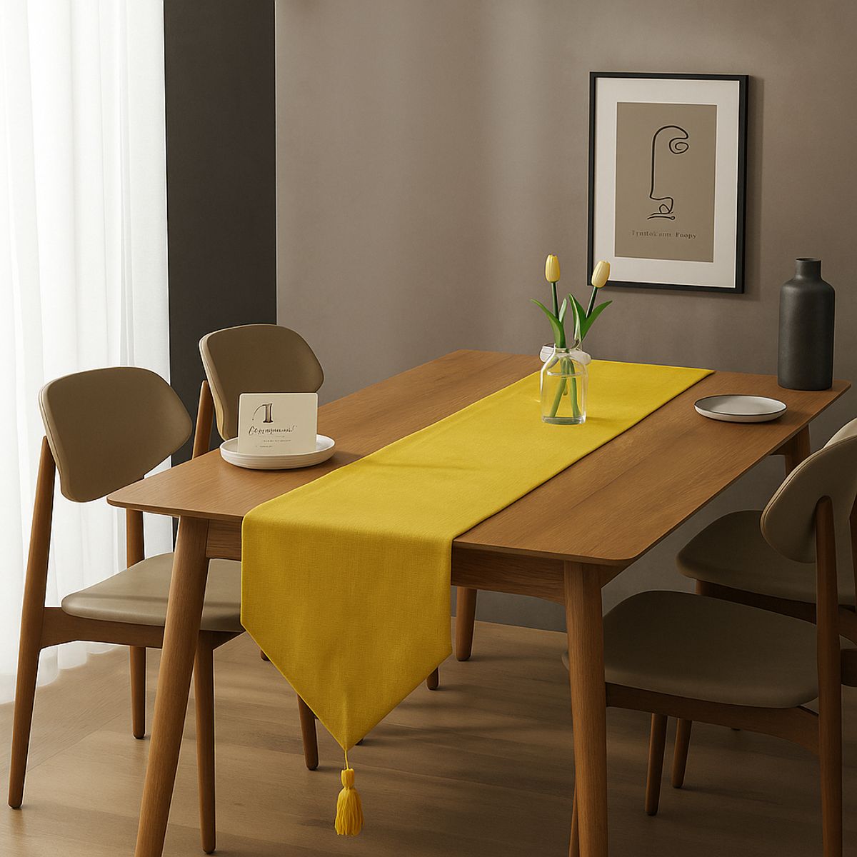 ARMONIA - Corredor lino amarillo 180x33 cm con detalle de borlas