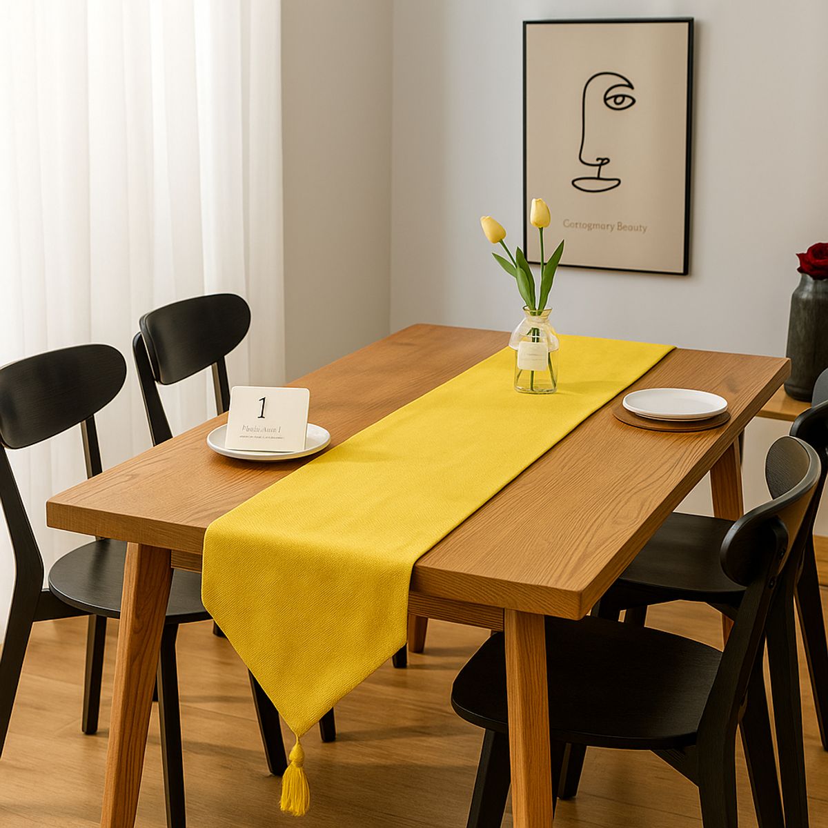 ARMONIA - Corredor lino amarillo 180x33 cm con detalle de borlas