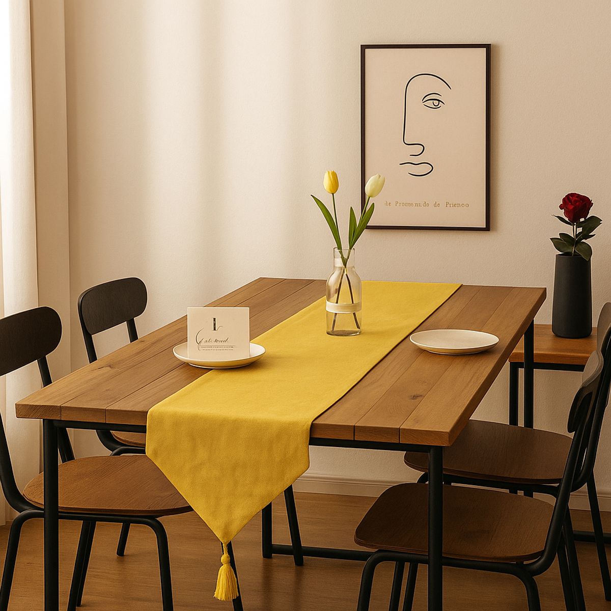 ARMONIA - Camino lino amarillo 180x33 cm elegante con borlas