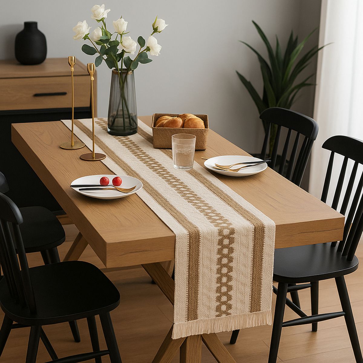 ARMONIA - Camino de mesa geométrico chenille 180x30 flecos 696