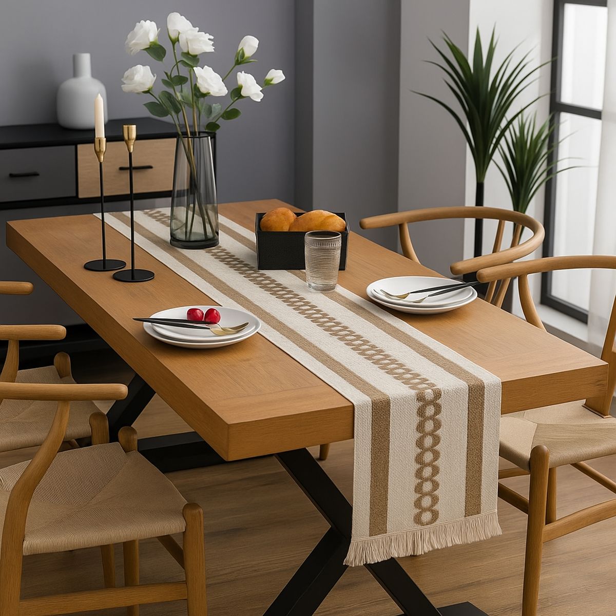 ARMONIA - Camino de mesa geométrico chenille 180x30 flecos 696