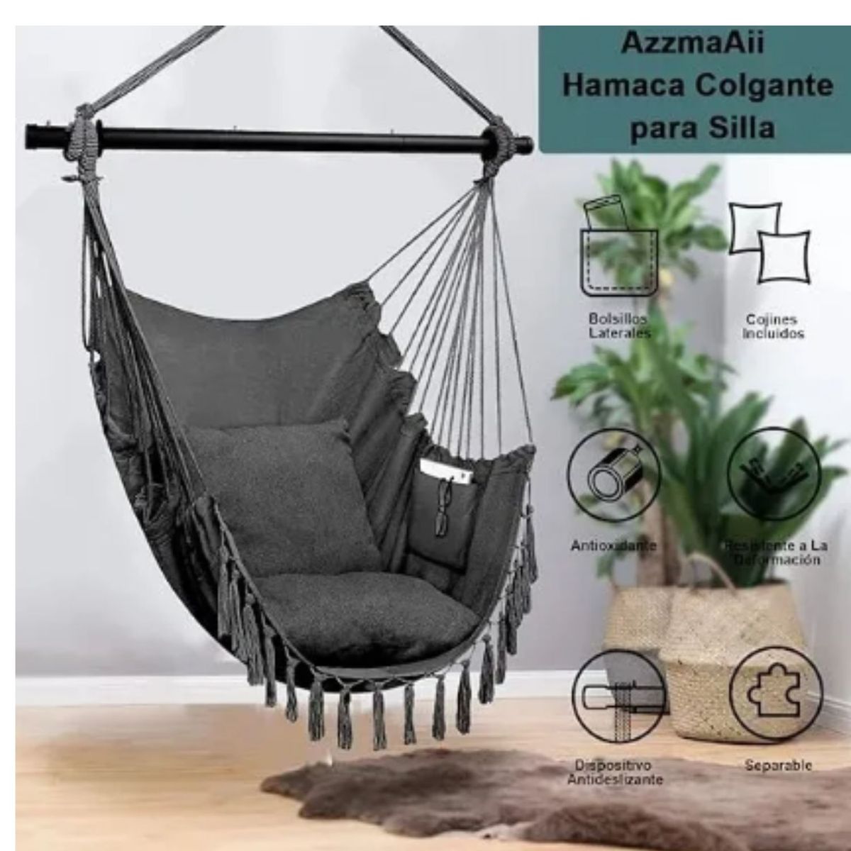 GENERICO - Silla Colgante Columpio Hamaca con Flecos Gris Oscuro