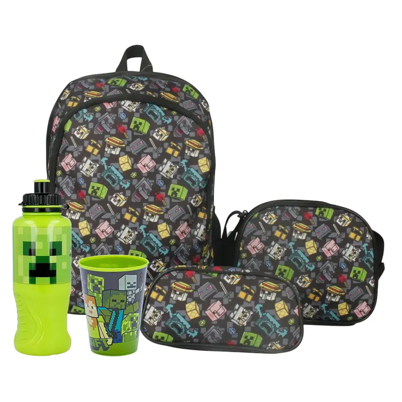 MINECRAFT - Pack Mochila Escolar Minecraft + Botella + Vaso