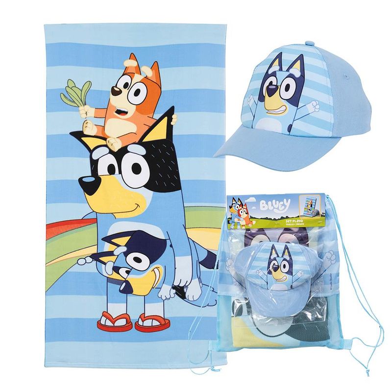 MASHINI - Toalla De Playa Infantil Con Bolso 70x140 + Jockey Mashini Bluey Familia
