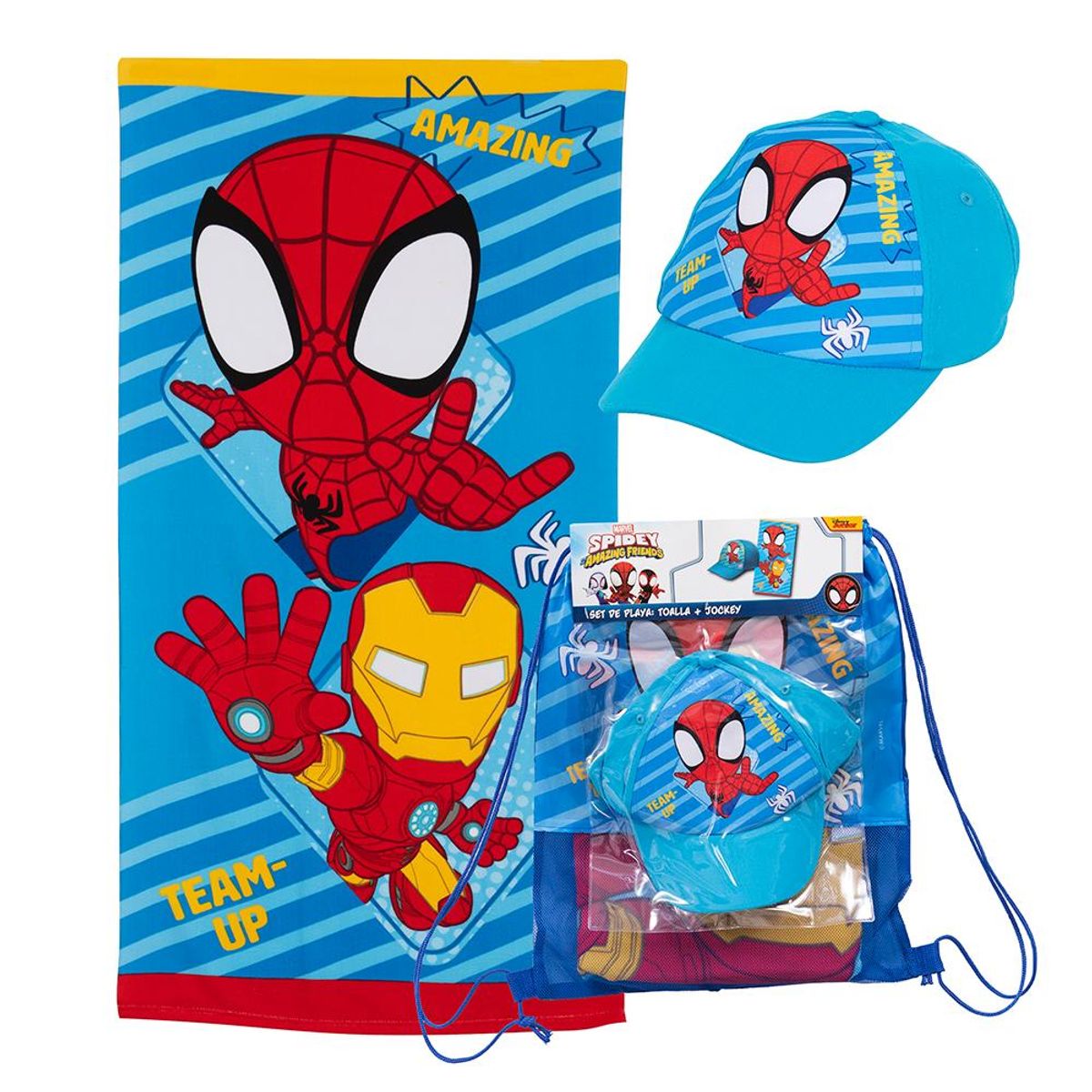 MASHINI - Toalla De Playa Infantil Con Bolso 70x140 + Jockey Mashini Spiderman Pod