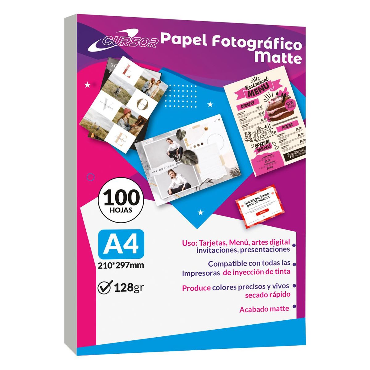 CURSOR - Papel Fotografico A4 Matte 128G 100 Hojas CURSOR - Blanco