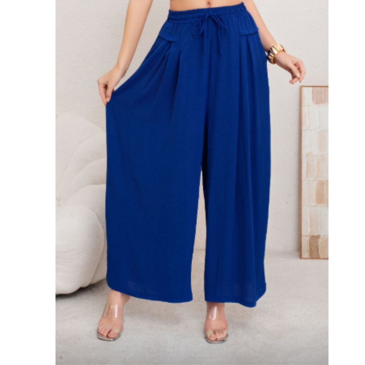 LIKE SHOP - Pantalon Palazzo Algodon Mujer Tipo Lino Casual Playero Bolsillos 3004