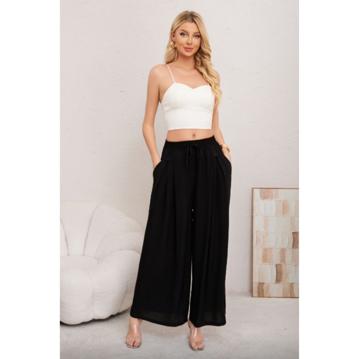 LIKE SHOP - Pantalon Palazzo Algodon Mujer Tipo Lino Casual Playero Bolsillos 3004