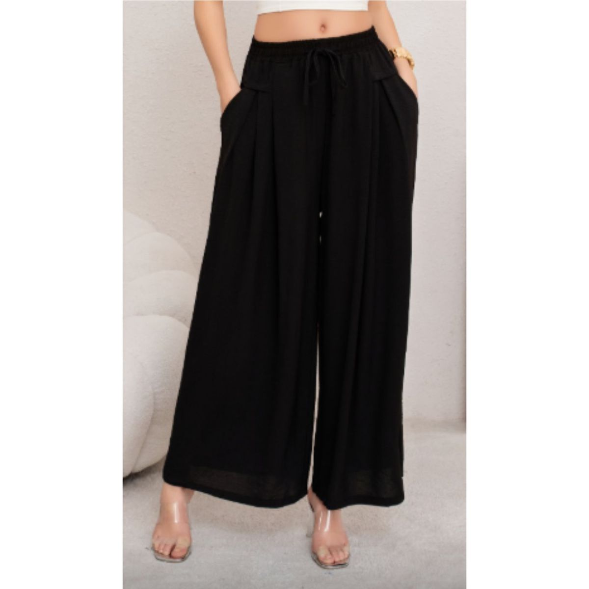 LIKE SHOP - Pantalon Palazzo Algodon Mujer Tipo Lino Casual Playero Bolsillos 3004