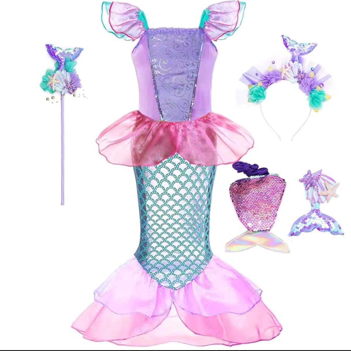 GENERICO - Set disfraz vestido y accesorios de sirena para niña 4 años