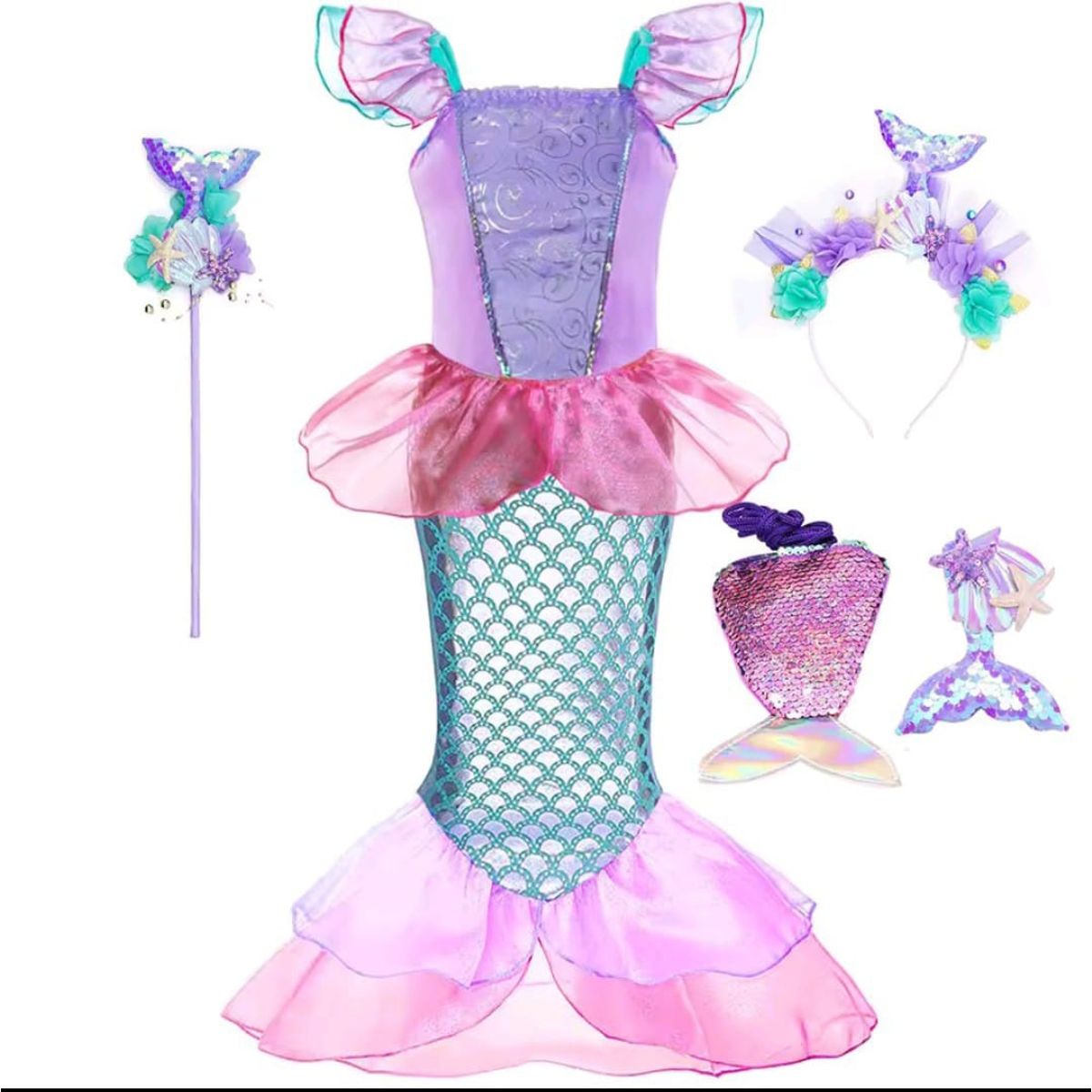 GENERICO - Set disfraz vestido y accesorios de sirena para niña 4 años