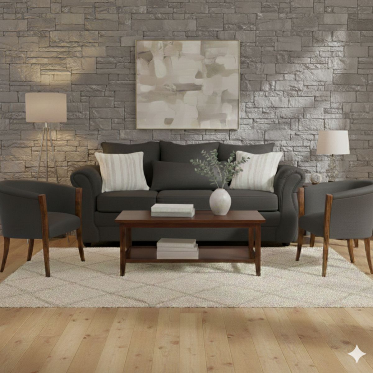 SITIAL HOME - Living 311 Facundo Marengo Sofa 3 cuerpos + 2 sitiales de madera