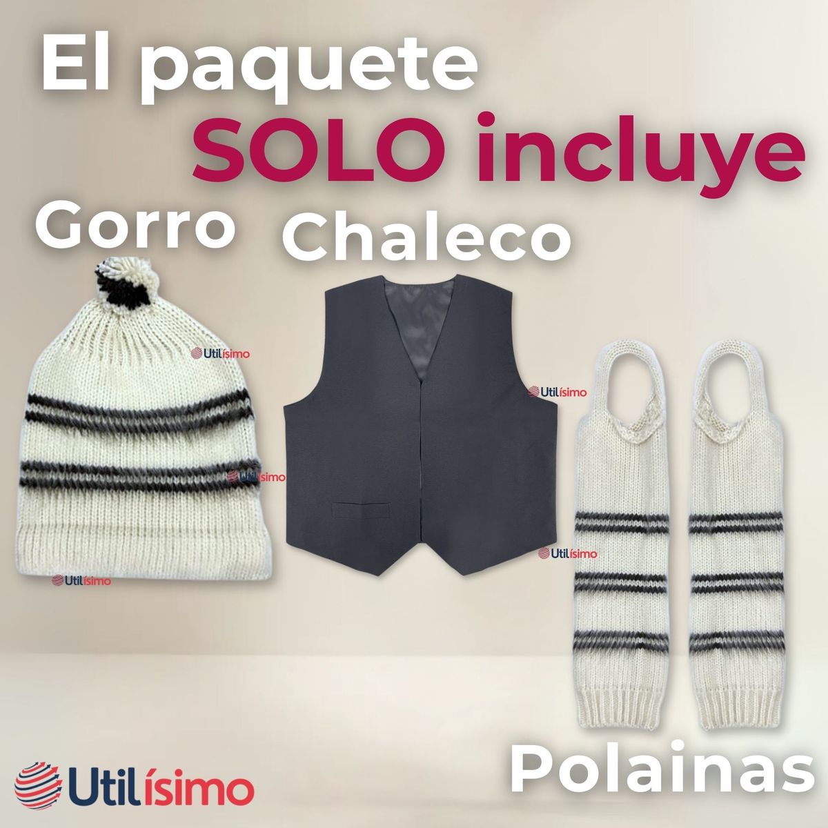 UTILISIMO - Traje Chilote Gorro+Chaleco+Polainas Fiestas Patrias Talla L