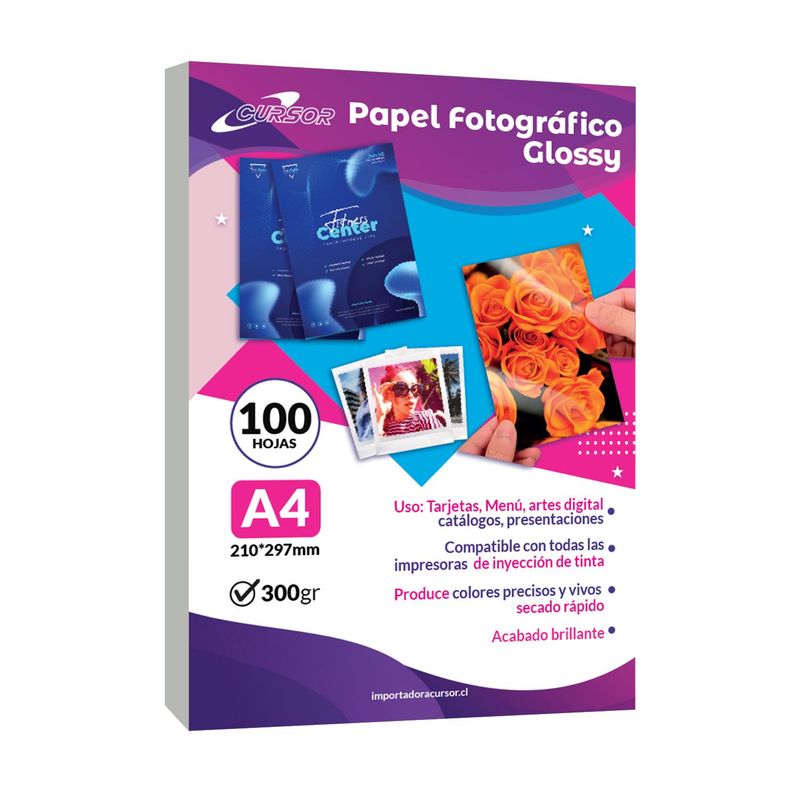 CURSOR - Papel Fotográfico Glossy A4 300gr 100Hojas - Blanco