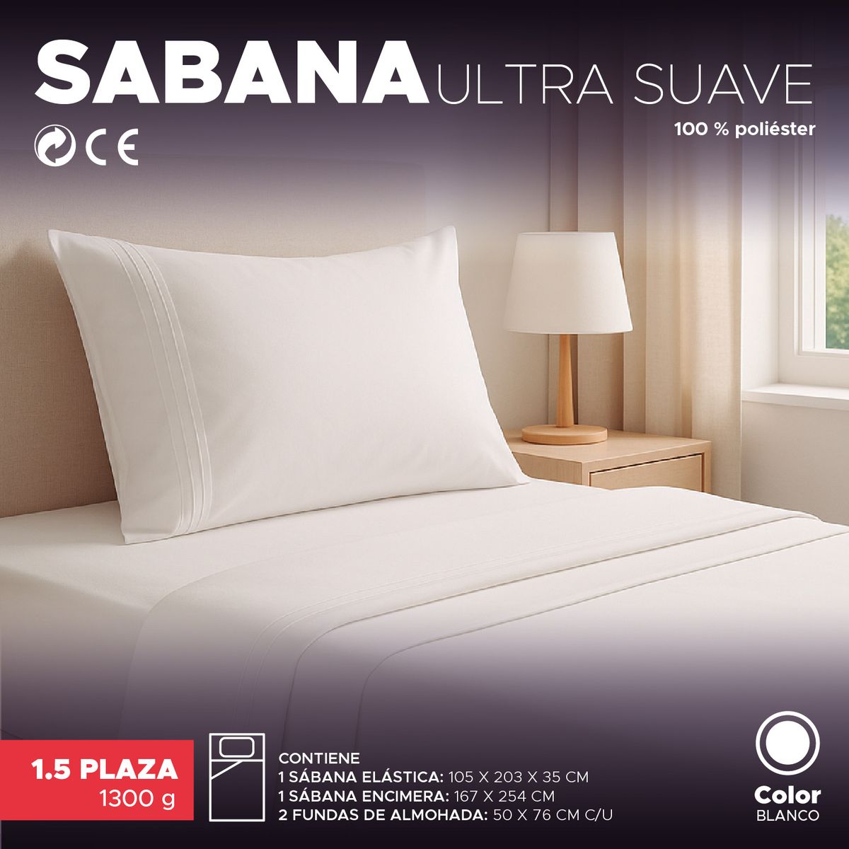 VINCENZI - Juego de Sábana Blanco 1800 hilos Ultra suave 1,5 plazas Vincenzi