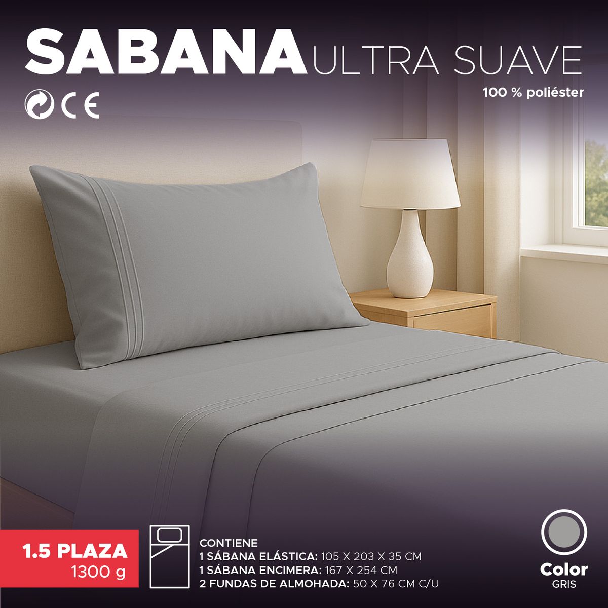 VINCENZI - Juego de Sábana Gris 1800 hilos Ultra suave 1,5 plazas Vincenzi