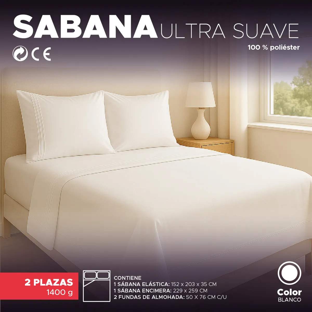 VINCENZI - Juego de Sábana Blanca 1800 hilos Ultra suave 2 plazas Vincenzi