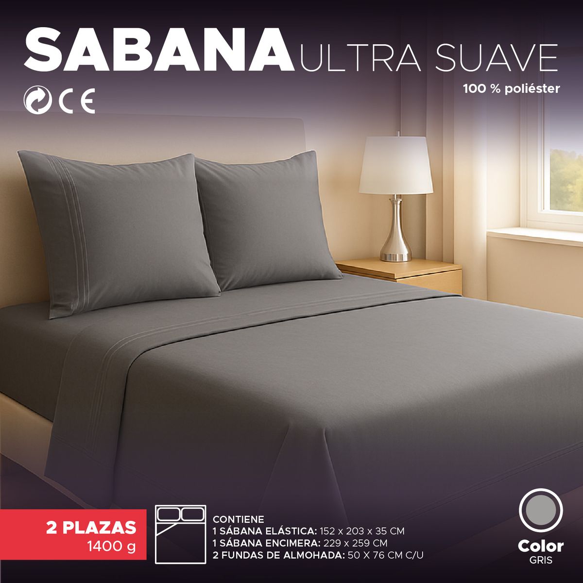 VINCENZI - Juego de Sábana Gris 1800 hilos Ultra suave 2 plazas Vincenzi