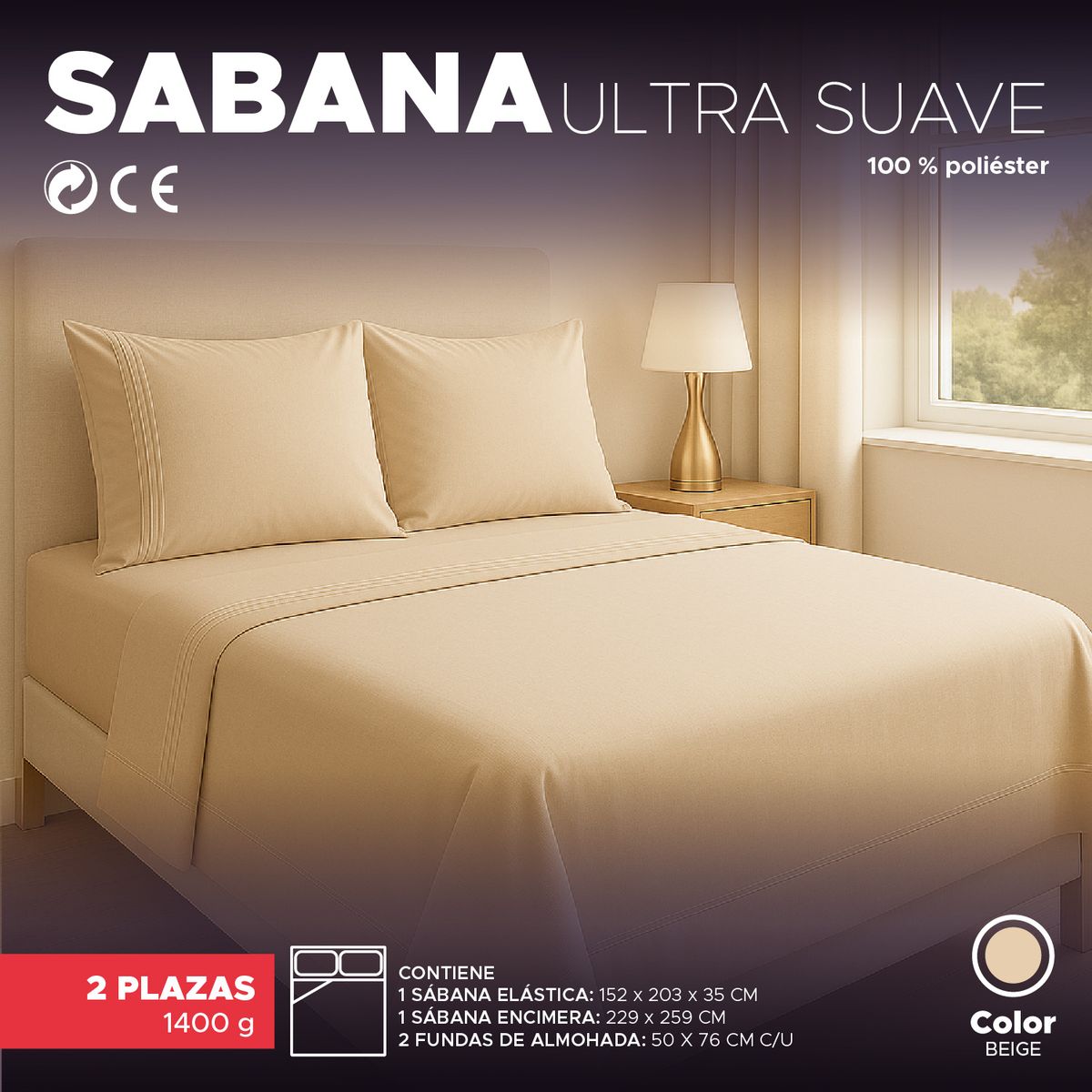 VINCENZI - Juego de Sábana Beige 1800 hilos Ultra suave 2 plazas Vincenzi