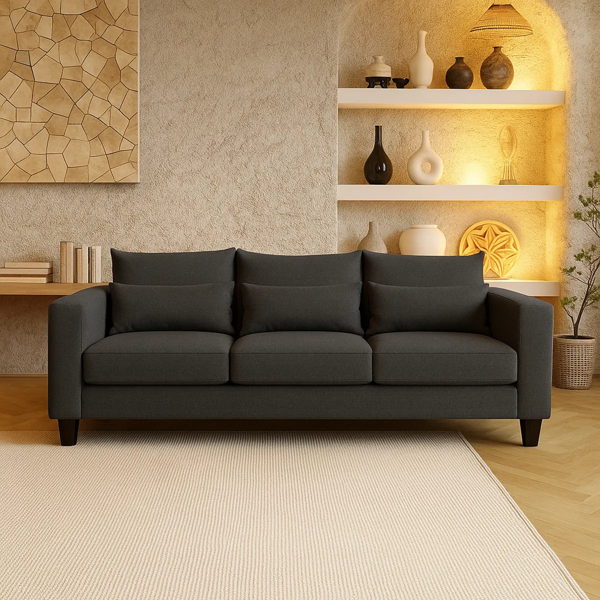 CASA WOW DECO - Sofá 3 Cuerpos Filipa Gris Oscuro Tela – Confort y Estilo para tu Hogar