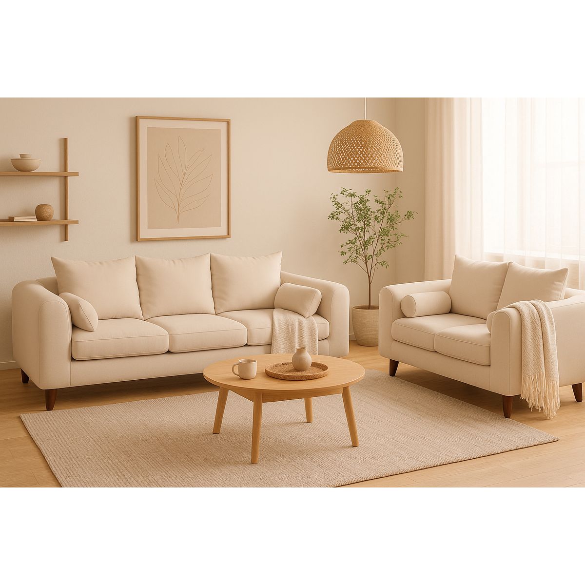 CASA WOW DECO - Sofá 3 y 2 Cuerpos Fager en Tela  Beige, Set para Living