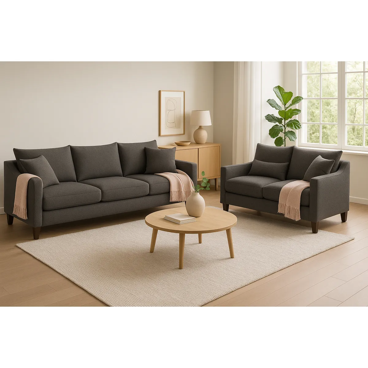 CASA WOW DECO - Sofá 3 y 2 Cuerpos Fiore en Tela gris, Set para Living