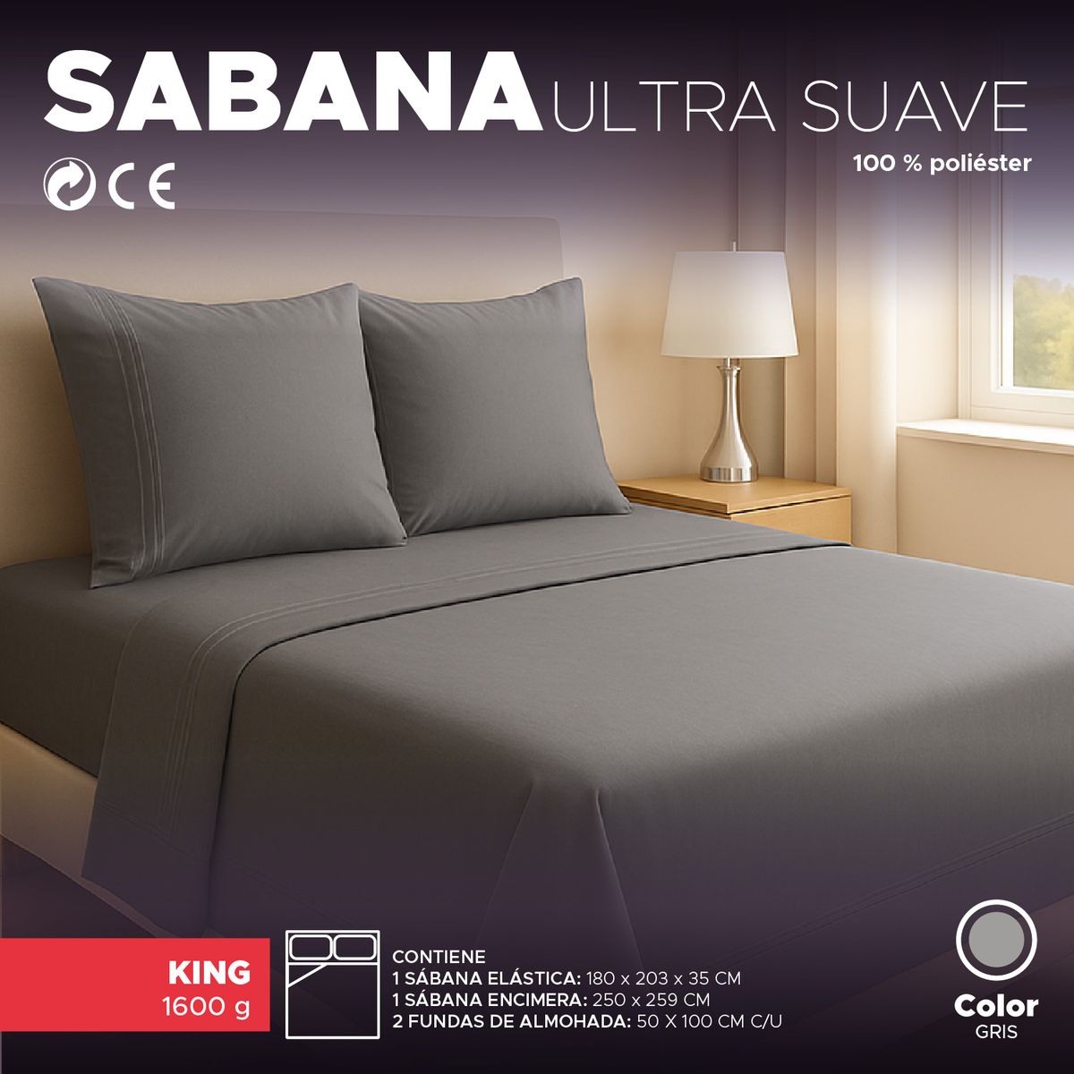 VINCENZI - Juego de Sábana Gris 1800 hilos Ultra suave King plazas Vincenzi