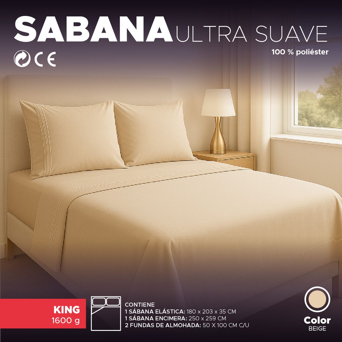 VINCENZI - Juego Sábanas King Beige Suave con Fundas y Ajuste Elástico Vincenzi