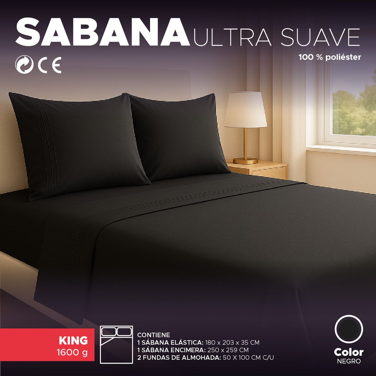 VINCENZI - Juego Sábanas King Negro 100% poliéster Vincenzi