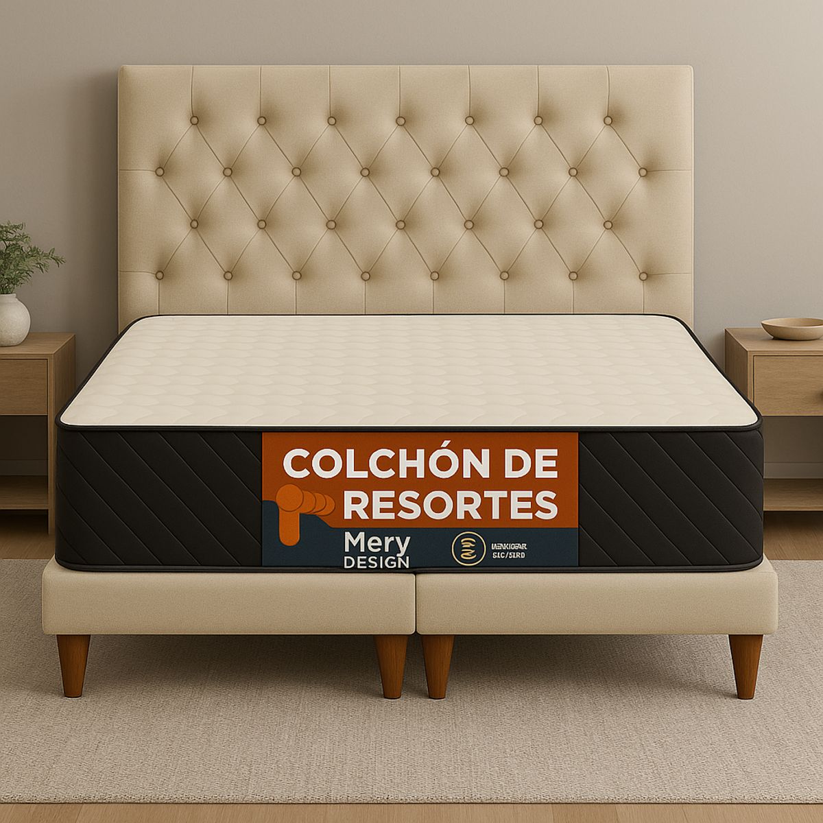 GENERICO - Cama 2 Plazas Modelo Capitone Crudo + Colchon Mery Desing