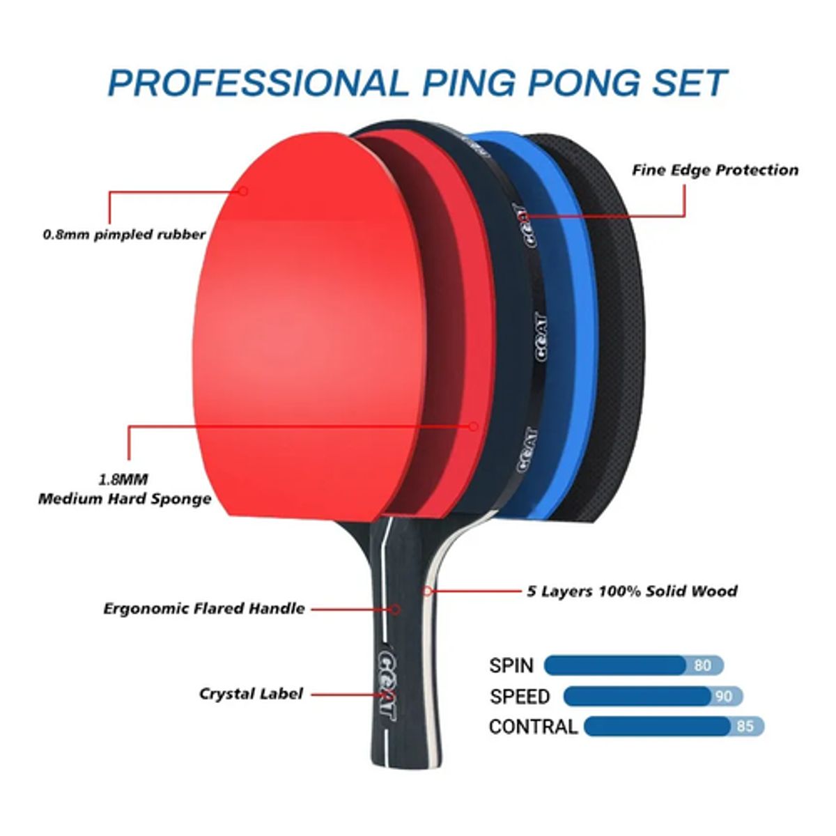 GENERICO - Kit Ping Pong 2 Paletas + 6 Pelotas + Red + Estuche Goat