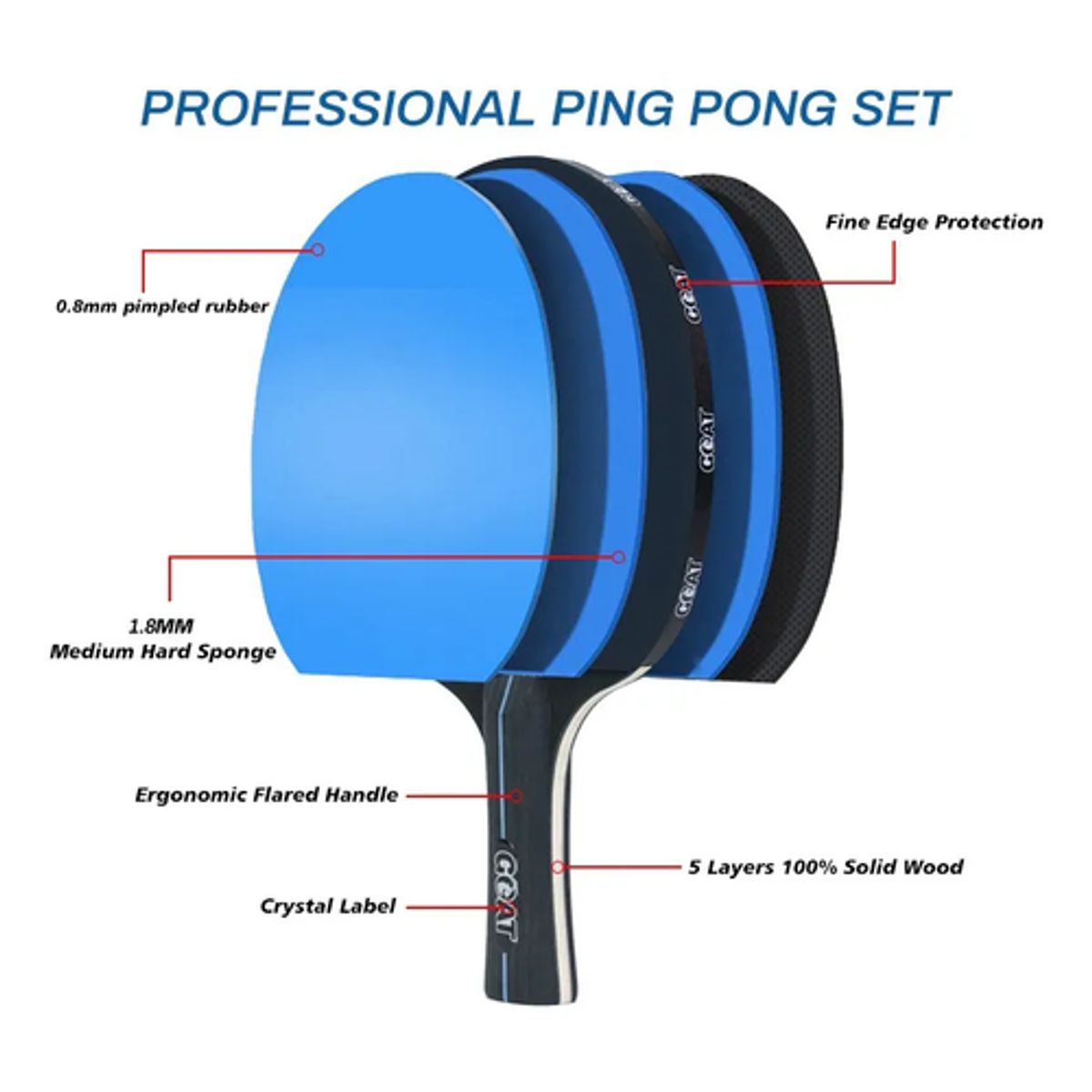 GENERICO - Pack 2 Paletas Ping Pong + 2 Pelotas + Estuche Goat