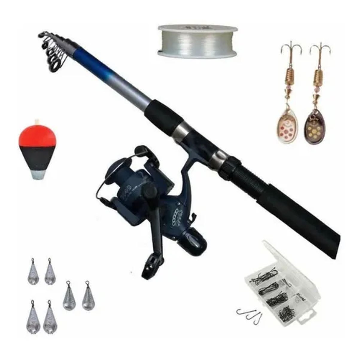 GENERICO - Set Caña De Pescar 210mts + Carrete+nylon+plomos+accesorios