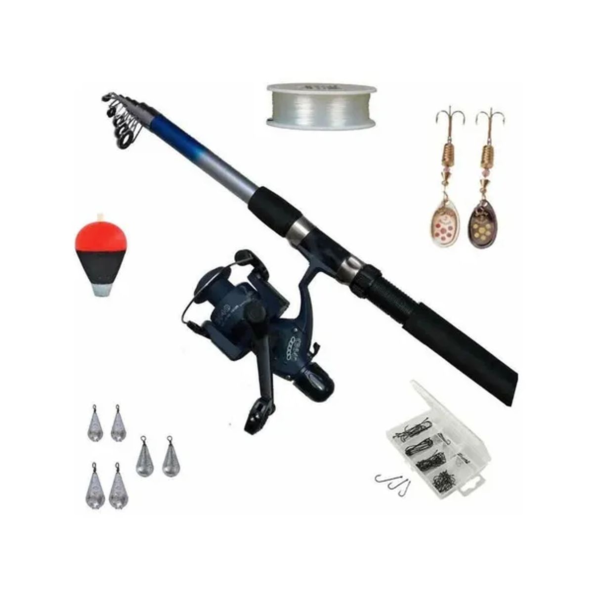 GENERICO - Set Caña De Pescar 210mts + Carrete+nylon+plomos+accesorios